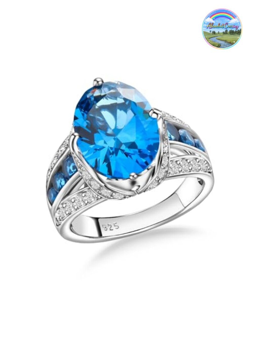 925 Sterling Silver 18k White Gold Plated Oval Created Topaz Ring for Women